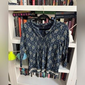 Lucky Brand navy blue pattern boho pullover Henley blouse shirt top lightweight